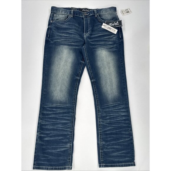 True Luck Jeans Mens 34x30 Blue Denim Bootcut Stretch Embroidered Whiskering - Picture 1 of 11